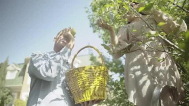 Bir elma tutarak ve gülümseyen yetişkin kel adam