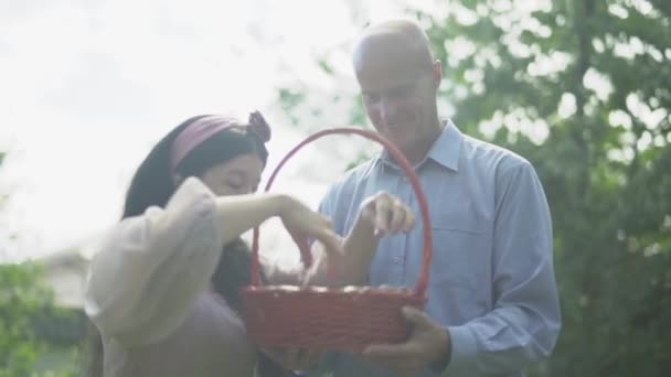 Pareja madura con una cesta de ciruelas en el jardín — Vídeo de stock