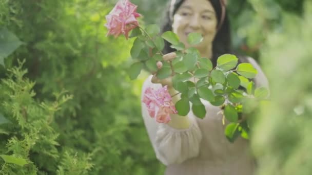 Mooie oude vrouw met een grote roos in de tuin. — Stockvideo