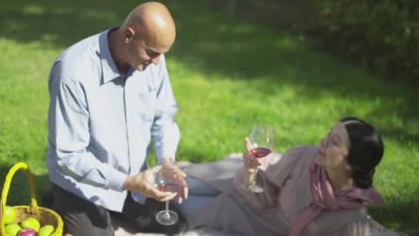 Coppia Adulta Picnic All Aperto Donna Matura Sdraiata Sulla Copertina — Video Stock