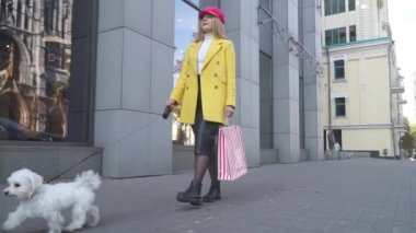 Street küçük köpek ile tatlı şık kadın yürüyor