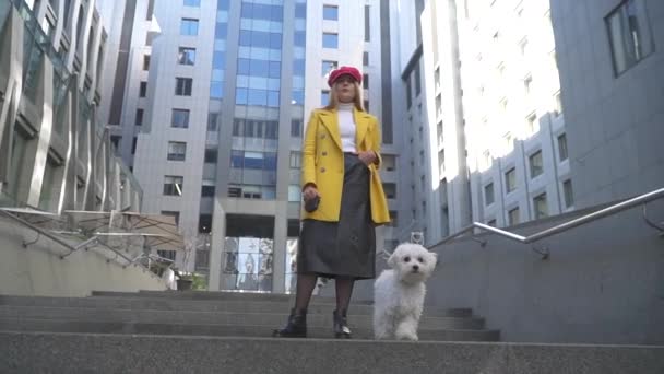 Rapariga com o cão está de pé no primeiro plano do edifício — Vídeo de Stock