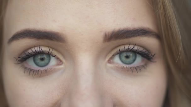 Close-up de um belo olhos cinzentos de uma mulher bonita — Vídeo de Stock