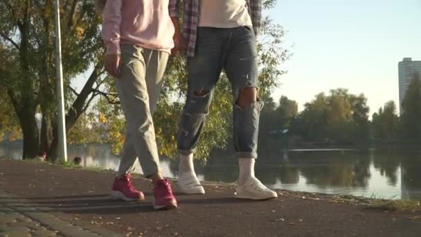 Junger Mann und Frau gehen Händchen haltend durch den Park — Stockvideo