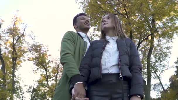 African American och kaukasiska tjej håller händerna i park — Stockvideo