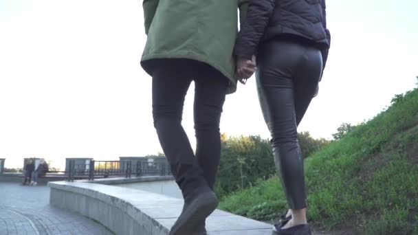 Paret höll händer och promenader utomhus. Fotografering bakifrån. — Stockvideo