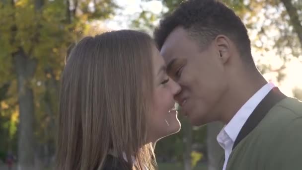 Афроамериканец целует свою белую подружку в парке — стоковое видео