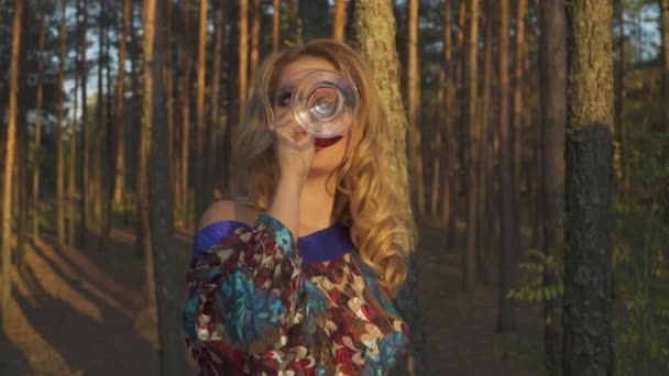 Close up portrait of female drinking wine in the forest from big glass Lady with false eyelashes rest outdoors Girl in summer dress with bare shoulder drinks wine outdoors Blonde with green eyes and — Stock Video