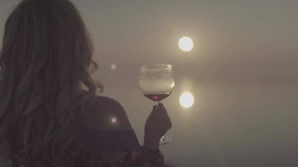 Porträtt av kvinnliga dricka vin på stranden vid solnedgången nära upp Blond kvinna tillbringar tid ensam S-log, osorterade — Stockvideo