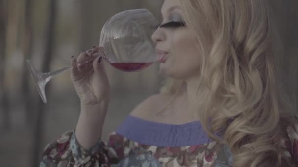 Ritratto di femmina in piedi lateralmente con ciglia finte La signora beve vino Ragazza in abito estivo con spalla nuda beve vino all'aperto. S-log, non classificato — Video Stock