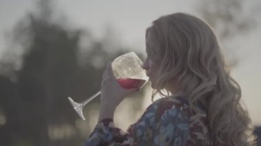 Sarışın kadın parkta yakın Bayan kadar şarap içip manzara yalnız sahiptir. S-günlük, yetersiz