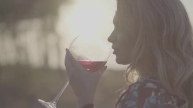 Tatlı kadın parkta yakın Bayan kadar şarap içip manzara yalnız sahiptir. S-günlük, yetersiz