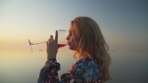 Mujer en vestido de verano con hombro desnudo bebe vino al aire libre Chica joven y bonita sentada en la orilla de un lago increíble bajo el sol bebiendo vino de una copa de sol en una copa de vino — Vídeos de Stock