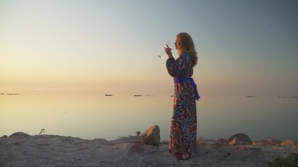 Ein Mädchen in einem langen Sommerkleid steht auf dem Hintergrund eines wunderschönen Sees. ein Mädchen auf dem Hintergrund der schönen Natur. eine charmante Frau mit einem Glas Wein in einem Kleid mit nackter Schulter. — Stockvideo