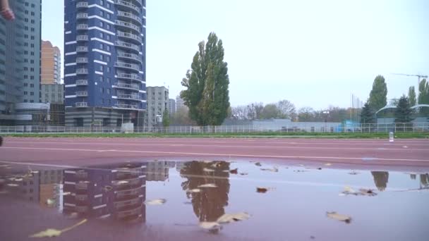 Jambes humaines en chaussures et pantalons de sport courant à travers une flaque d'eau à l'extérieur Jogging jambes humaines Style de vie sain — Video