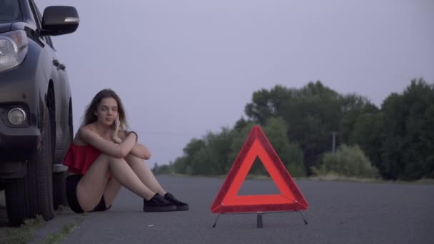 Menina perturbada perto de seu carro destruído Jovem mulher está sentada perto de carro quebrado Mulher é triste Feminino está chamando por telefone celular Problemas de carro — Vídeo de Stock