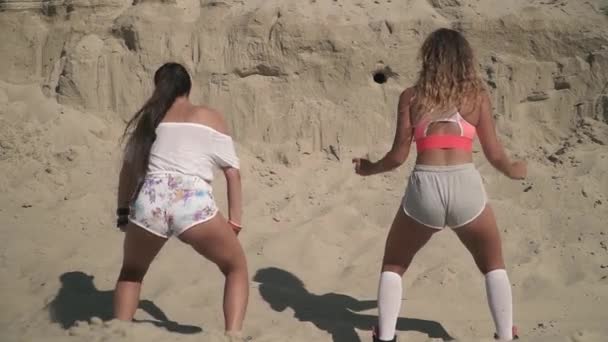 Две женщины с привлекательным телом синхронно танцуют тверк на пляже Дамы двигают задницами стоя на песке Женщины проводят время на открытом воздухе — стоковое видео