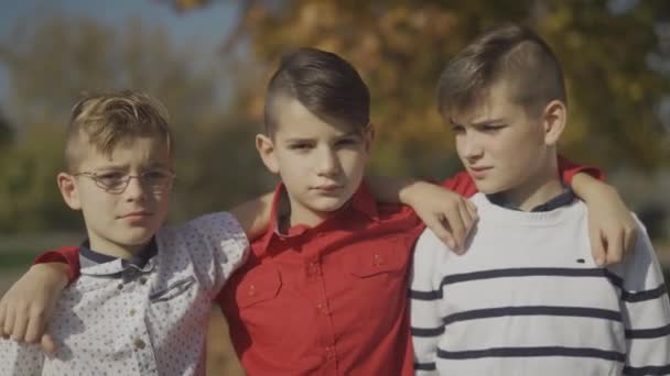 Троє молодих хлопчиків обіймаються в парку. Маленькі брати проводять час разом на відкритому повітрі . — стокове відео