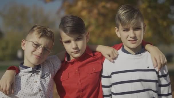 Trois Jeunes Garçons Embrassés Dans Parc Les Petits Frères Passent — Video