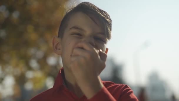 Porträt eines kleinen Jungen, der Apfel aus nächster Nähe isst. das Kind genießt Obst im Park. — Stockvideo