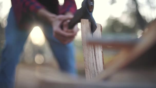 Um homem de camisa xadrez e jeans corta madeira em dois pedaços. Florestador corta madeira . — Vídeo de Stock