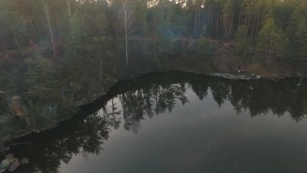 Forest landskape med en sjö. Personer nära vatten waching vacker utsikt. Skytte från drönaren. — Stockvideo