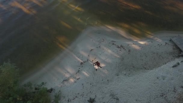 Vista superior de una pareja bailando en la orilla del río. Disparando desde el dron. Movimiento lento . — Vídeos de Stock