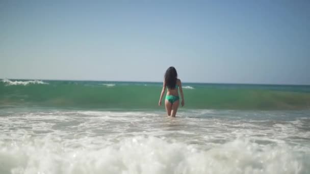 Édes lány egy gyönyörű alak állt a háttérben hab csobbanás a tengerre hullám. Fiatal lány a tökéletes test sétál a tengerbe, és kiderül, hogy a kamera. Lassú mozgás. — Stock videók