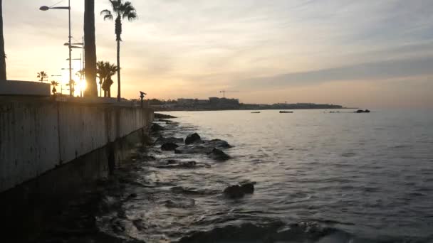 Wunderschöne Morgendämmerung am Meer einer kleinen Stadt auf einer Insel im Mittelmeer. Öffentlicher Nahverkehr auf der Straße mit Palmen, die in Meeresnähe wachsen. — Stockvideo