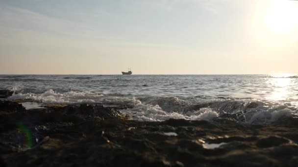 Liten Frakt Fartyget Segla Genom Morgon Havet Och Vågorna Täcka — Stockvideo