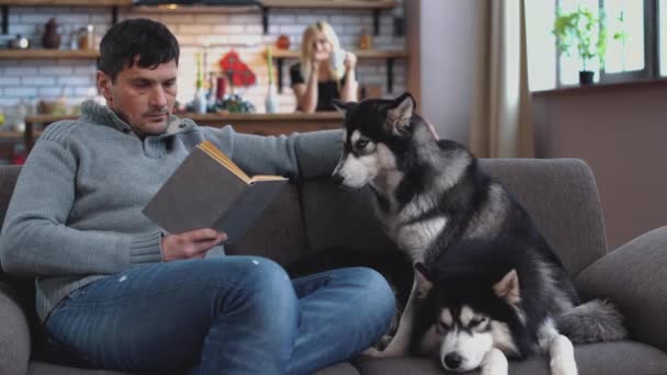 Un uomo che accarezza un husky seduto su un divano e legge un libro. Donna che beve caffè in piedi in cucina sullo sfondo del marito e del husky che si riposa sul letto . — Video Stock