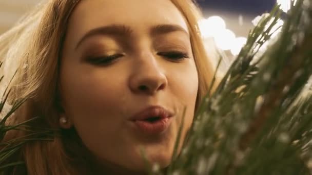 Retrato de una joven sonriente que sopla la nieve desde la rama de abeto al aire libre de cerca — Vídeos de Stock