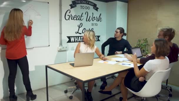 Diversos empresários se reúnem em equipe de brainstorming. Menina de camisa vermelha apresentando estratégia de sucesso na sala de reuniões desenhando um gráfico em uma placa branca pendurada na parede do escritório — Vídeo de Stock