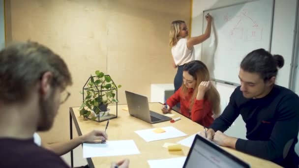 Equipe de jovens empresários de sucesso reunidos na mesa da diretoria discutindo relatório financeiro. Menina escreve gráficos em um quadro-negro e seus colegas escrever dados e debate enquanto sentado em uma mesa — Vídeo de Stock