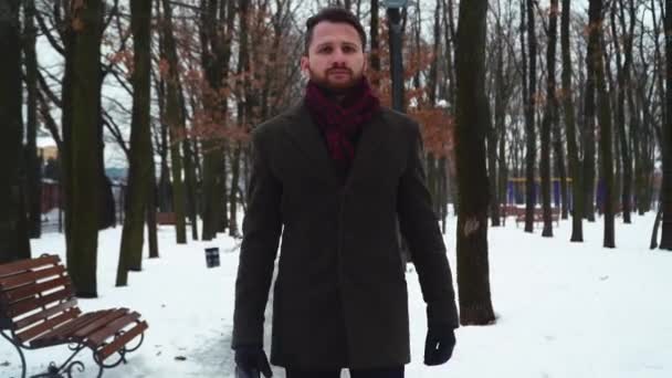 Schöner bärtiger Mann im Mantel, der im Winterpark spazieren geht. Herr in warmem Kleid draußen — Stockvideo