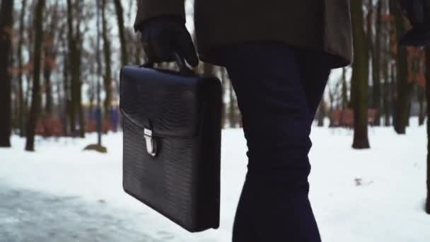 Uomo d'affari o avvocato irriconoscibile in abito formale con valigetta che cammina in un parco invernale innevato . — Video Stock