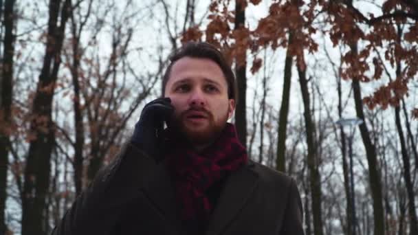 Retrato Homem Adulto Falando Por Telefone Celular Parque Inverno Cavalheiro — Vídeo de Stock