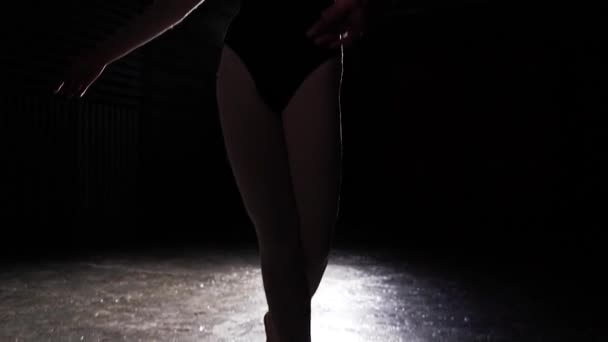 Young ballet dancer standing in spotlight on black background in studio. Ballerina shows classic ballet pas. Slow motion. — Stock Video