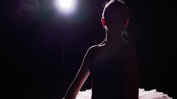 Bastante joven bailarina de pie en sus zapatos de ballet puntiagudo en el centro de atención sobre fondo negro en el estudio. Chica muestra clásico ballet pas usando tutú y zapatos puntiagudos . — Vídeo de stock