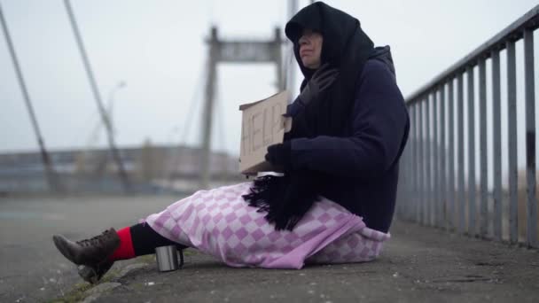 Доросла бездомна жінка сидить на мосту в холодній вітряно-сірій погоді, просячи милостині і допомоги — стокове відео
