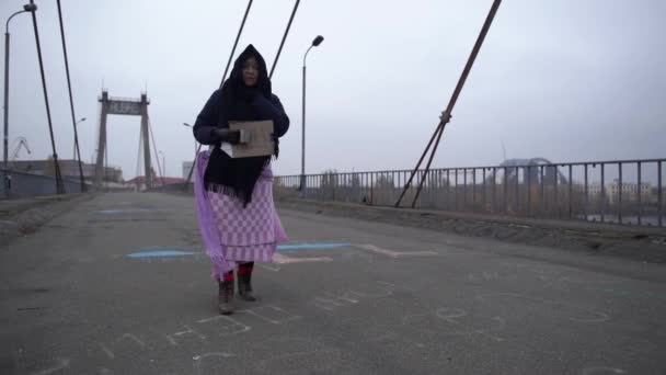 高齢者のホームレスの女性が進む風冷たい灰色の天気に助けを求めると 物乞いに河川港の近くの橋 — ストック動画