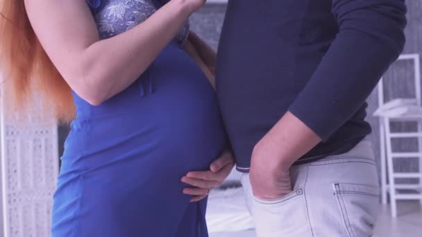 A mulher grávida e o marido estão perto um do outro. O homem esfrega a barriga da esposa com a barriga — Vídeo de Stock