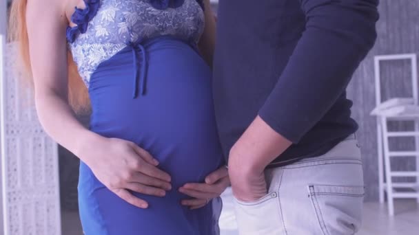 Schwangeres Paar streichelt schwangeren Bauch. Mutterschaftskonzept. Schwangerschaft. glückliche Familie. — Stockvideo