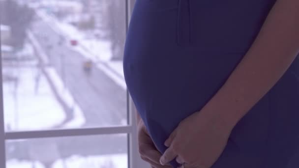 Primo piano di mamma e papà mani sulla pancia incinta. Coppia che accarezza la pancia incinta. Il concetto di maternità. Gravidanza. Famiglia felice . — Video Stock