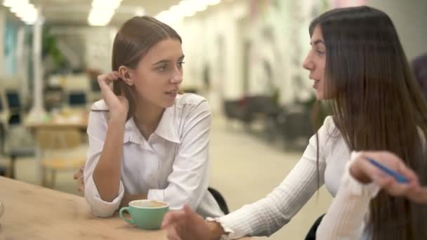 Two girls sitting at the table kiss the fit guy with a beard with glasses and a casual checkered shirt. Friends spend time together. — Stock Video