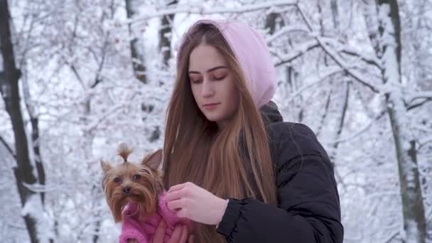 Портрет симпатичной молодой девушки с длинными волосами, покрытыми капюшоном, держащей йоркширского терьера, одетого в шерстяной свитер на руках в зимнем заснеженном парке. Подросток и собака на прогулке . — стоковое видео