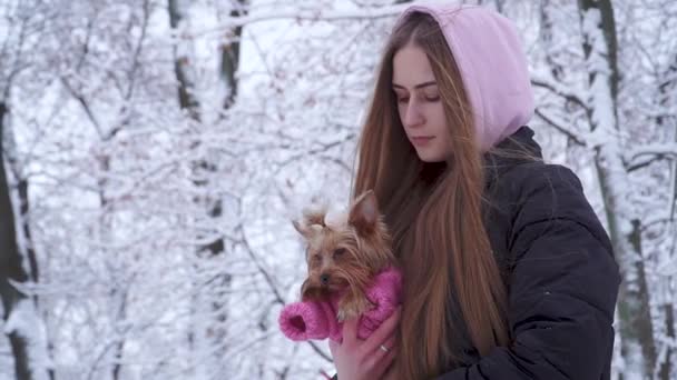 Porträtt söt ung tjej med långt hår täckta med en huva som håller en yorkshire terrier klädd i ylletröja på händer i en snötäckt Vinterparken. Tonåring och en hund på en promenad utomhus. — Stockvideo