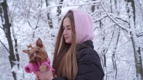 Ritratto carina giovane ragazza con i capelli lunghi abbracciando un terrier yorkshire vestito in maglione di lana che tiene il cane sulle mani in un parco innevato invernale. Adolescente e un animale domestico in una passeggiata all'aperto. Rallentatore . — Video Stock