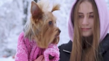 Bir yorkshire terrier sahibi ile açık havada yürüyüş yün kazak giymiş portre kapatın. Genç ve bir parkta kış karla kaplı birlikte bir köpek. Ağır çekim.