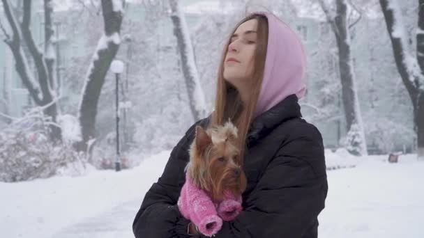 Ritratto carina ragazza adolescente con i capelli lunghi abbracciando un terrier yorkshire vestito con maglione di lana che tiene il cane sulle mani in un parco innevato invernale. Teenager e un cane a spasso all'aperto. Nocciolamento . — Video Stock